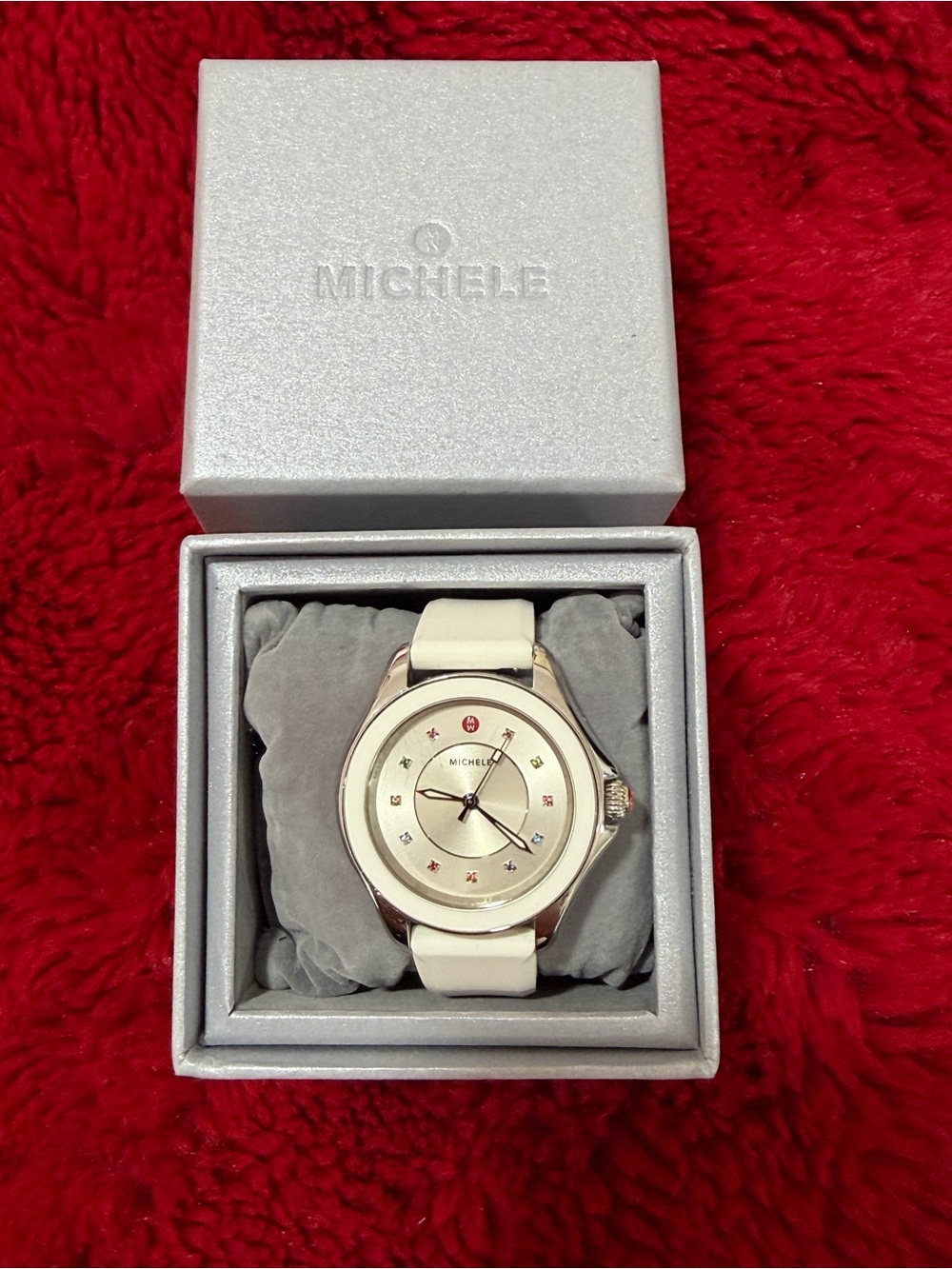 Michele White Leather Strap Silver-Tone Dial Ladies Watch